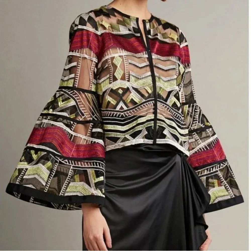 ALEXIS Women's Gem Embroidered Tulle Top Blouse Bell Sleeves Olive Maroon Small